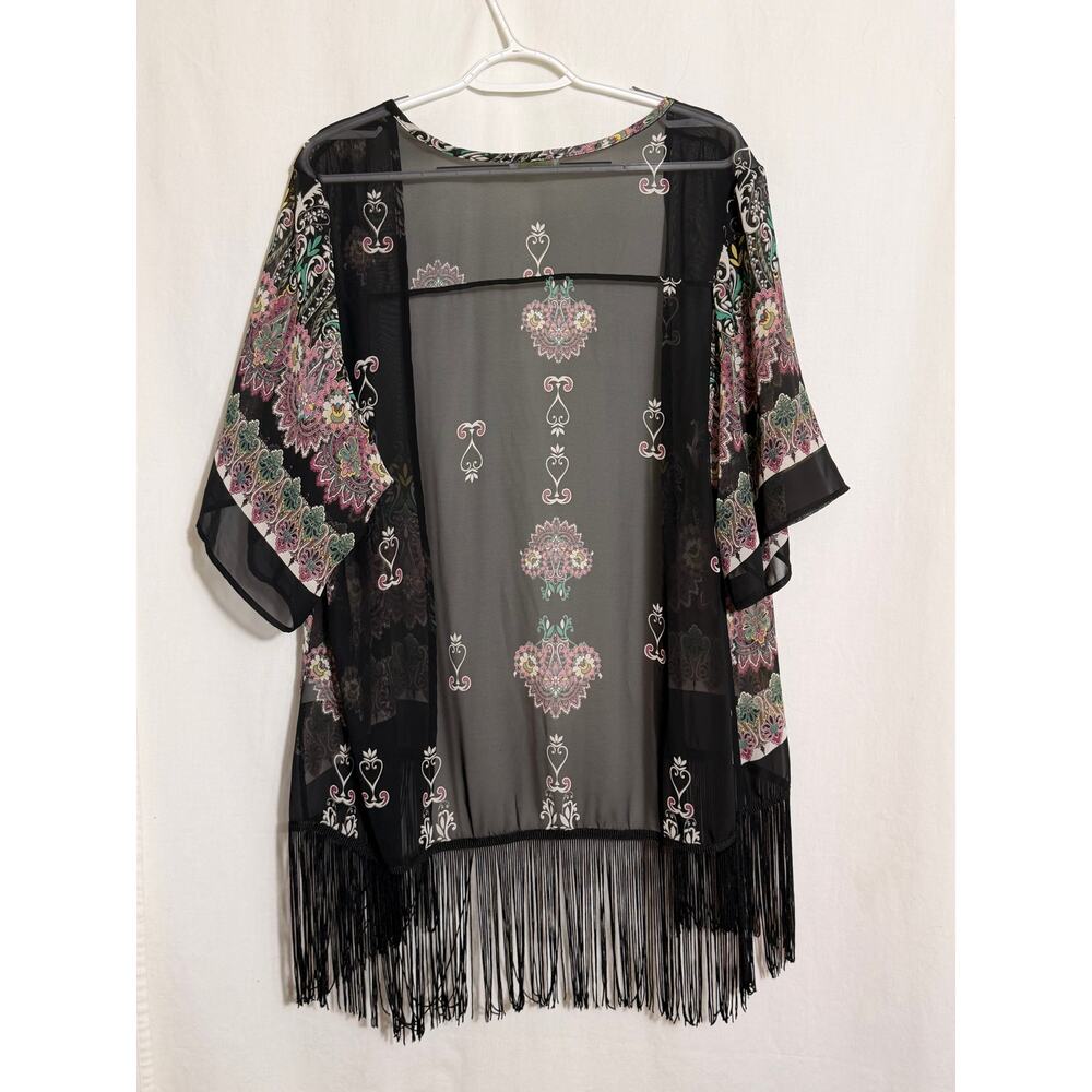 Olive Tree Fringe Kimono Cardigan Large Sheer Boho Paisley Duster - Picture 7 of 7